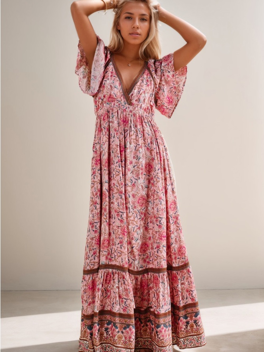 Pink Floral Maxi Dress with V-Neck and Flutter Sleeves